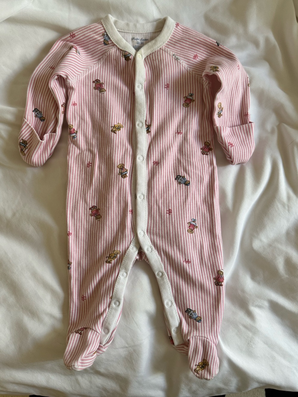 Vintage Ralph Lauren Baby Footed Pajamas Pink Striped Teddy Bear 3M
